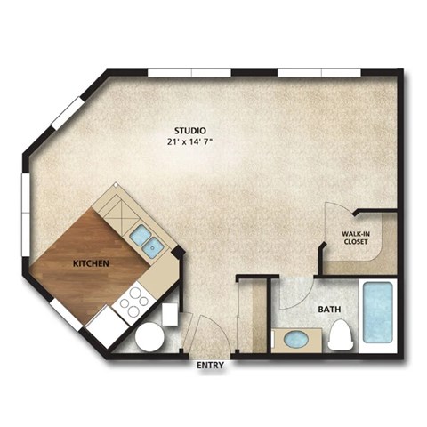 Floor plan for studio, 1 bath, 545 sqft